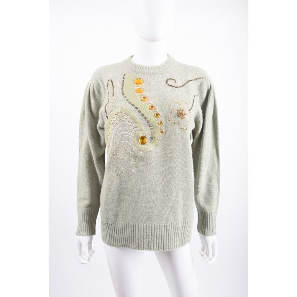 Vintage 80s Anna Womans Sweater Size S Wool Sage Green Beaded embellished